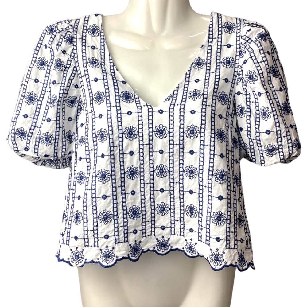 Goodnight Macaroon | Blue & White Embroidered Puff Sleeve Top | Size XS